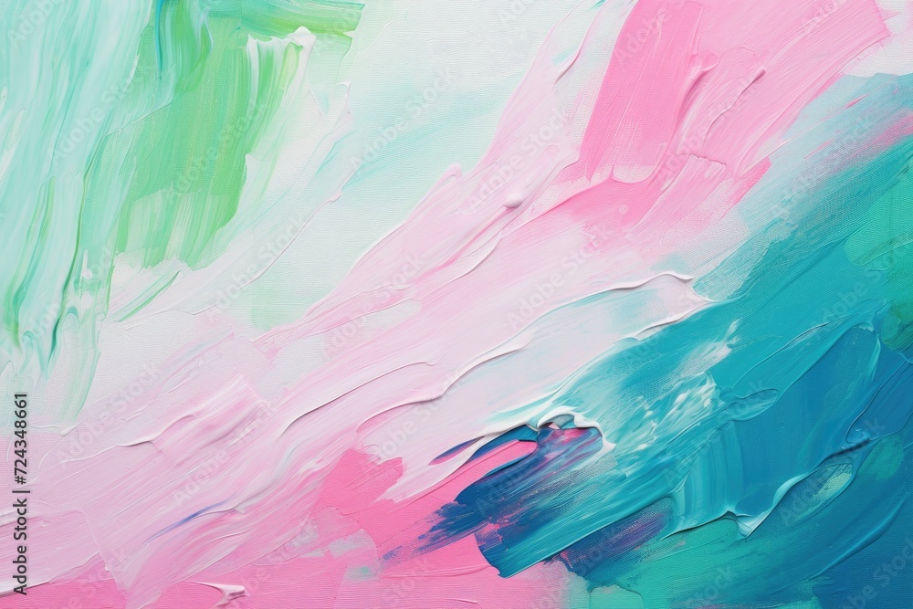 This close-up photograph depicts an abstract painting with vibrant shades of blue, green, pink, and white.