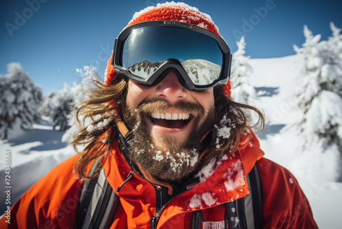 man hiker exudes excitement as he stands on top of the snow-covered mountains