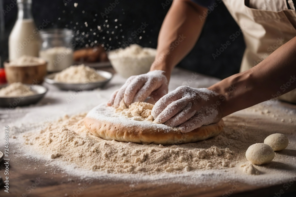 male hands making dough for pizza with flour scattering
