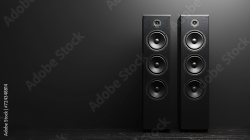 Black sound speaker  on black background. copy space. generative ai