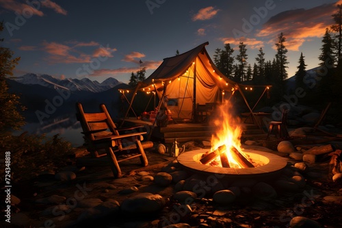 Camping by the fire in the mountains. 3d rendering.