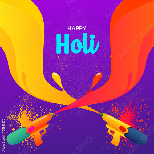 It seems like the image represents a creative and playful interpretation of Holi, incorporating water guns and a splash of color against a purple background