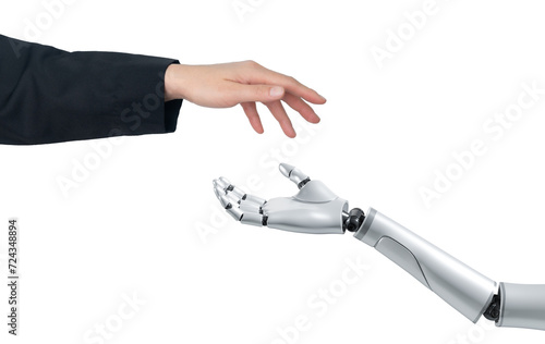 Business person hand with giving gesturing something to AI hand. photo