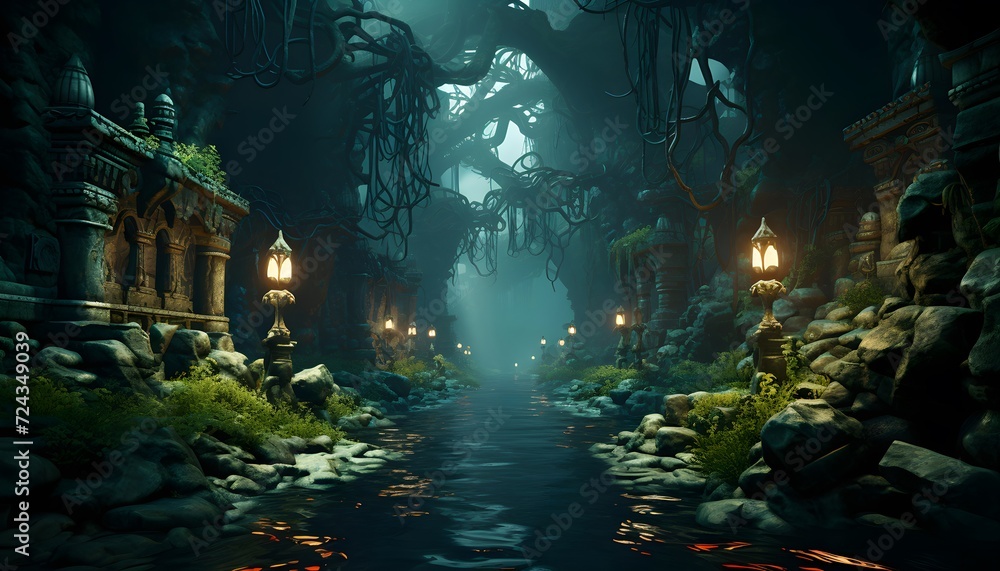 3D illustration of a spooky halloween night in the forest