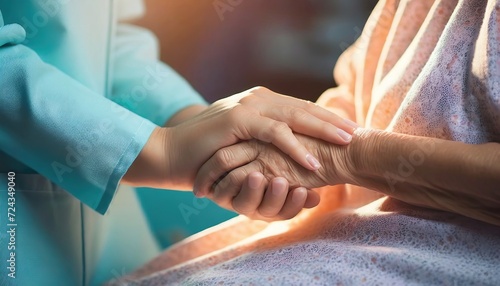 Taking care of the elderly concept with young woman holding the hand of a senior female patient