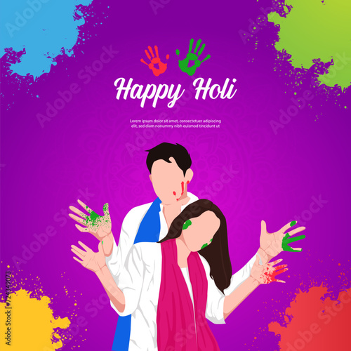  A couple in vibrant Holi colors, standing close, radiating joy and love amid the playful celebration  A couple enjoying each other's company in the midst of Holi festivities