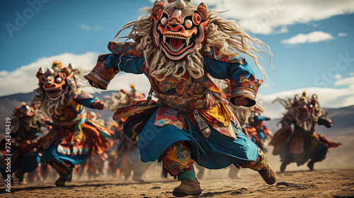 Tsam dance. A Mongolian performer in traditional attire dances the Tsam  a spiritual and expressive ritual  at sunset with others in the background.