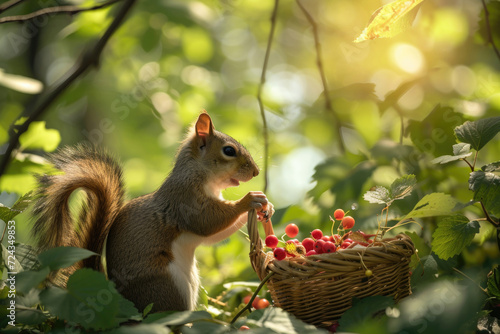 A lively squirrel gathers an abundant harvest of berries and mushrooms on a sunny summer day.