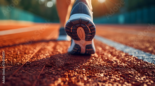 Close up of a runner foot on a running track.