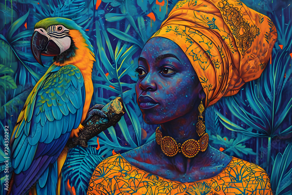 Obraz premium African american beautiful woman with parrot in tropical jungle. Black history month, day. Ethnic, culture, liberty concept. Racial equality
