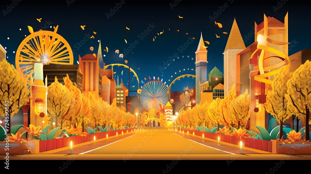 City landscape at night with lanterns and lanterns. Vector illustration.