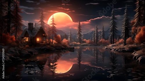 Fantasy landscape with a wooden house on the shore of a mountain lake. 3D illustration