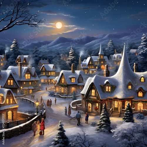 Beautiful winter village at night. Digital painting. Illustration.