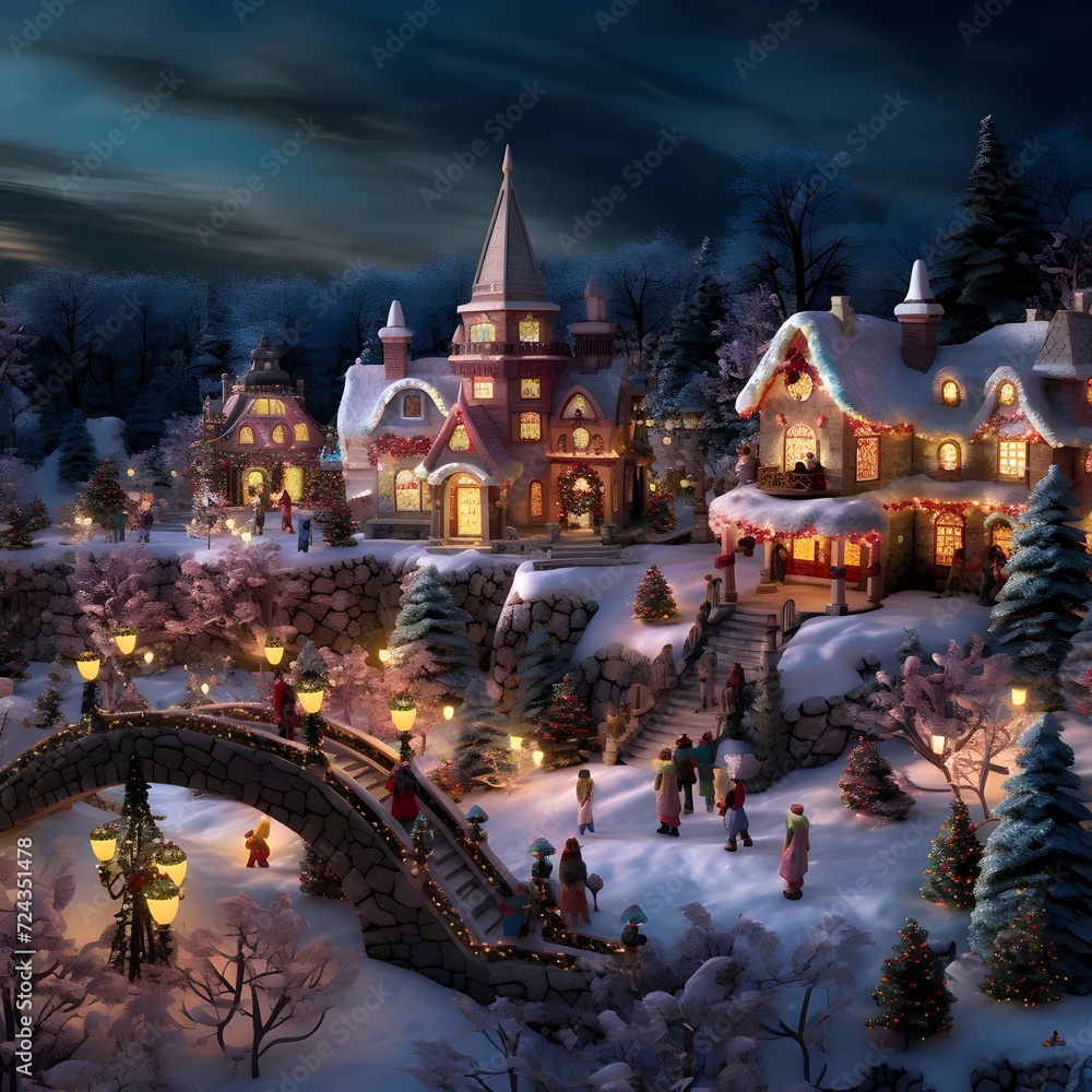 Digital painting of a Christmas scene with a small village in the snow