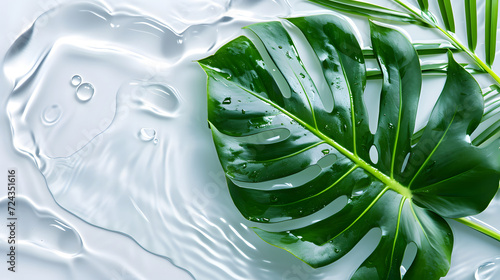 Green leaves on surface transparent water, beauty backdrop, spa and wellness, copy space, mockup, top view, tropical concept. 