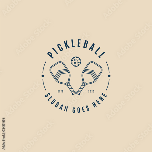 pickle ball logo line art with rackets and ball icon vector illustration design