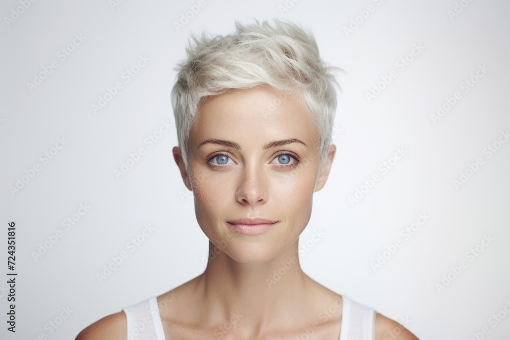 Portrait of a beautiful woman with short blond hair and blue eyes Portrait of a beautiful woman with short blond hair and blue eyes