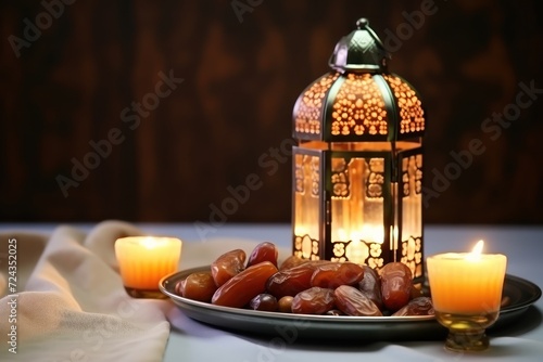 iftar meal and lantern lamp with copy space