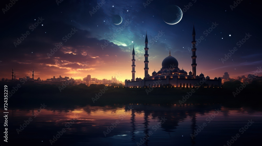 Sky night stars and moon, islamic night,sunset