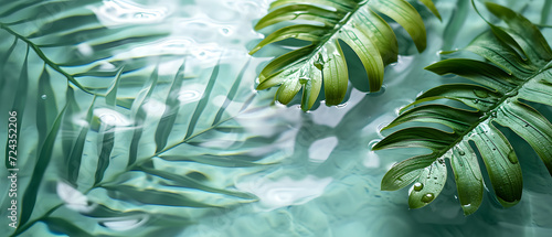 Transparent water surface with tropical green leaf and sunlight reflection, beauty backdrop, spa and wellness, copy space, mock up, top view.