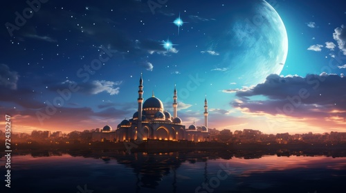 Sky night stars and moon, islamic night,sunset photo