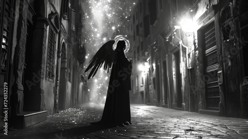 A solitary figure stands on a deserted street a gothic angel with a halo of darkness and a cloak of stars dd around her shoulders.