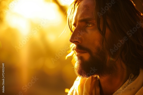 jesus christ portrait closeup against sunset background