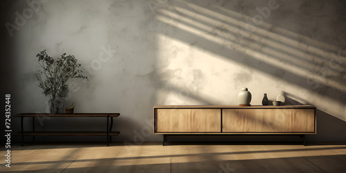 room with fireplace  Empty room with wooden floor and window ai  Empty Product display background  Cabinet for tv in interior room on concrete wall backgroundminimal design  GENERATIVE AI 