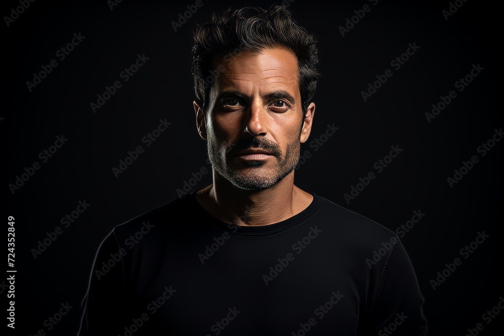 Portrait of a man in a black t-shirt on a black background Portrait of a man in a black t-shirt on a black background