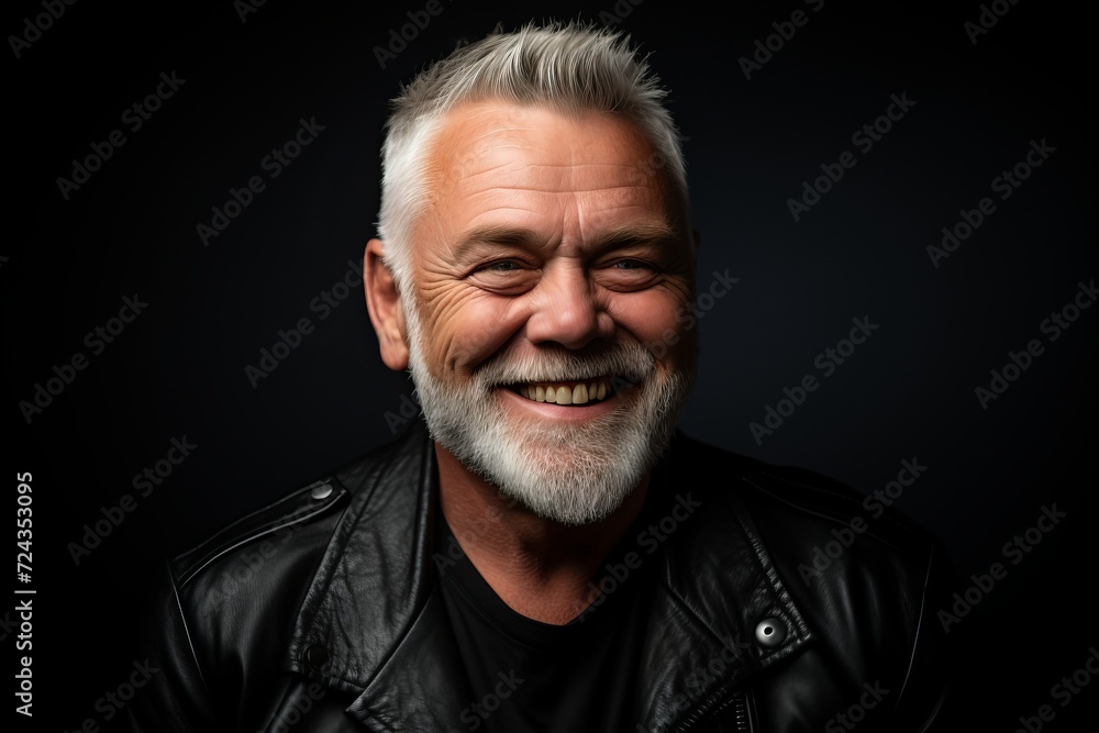 Portrait of a smiling senior man in leather jacket on black background.