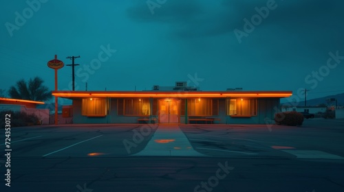 Rural motel exterior, teal and orange color grade photo