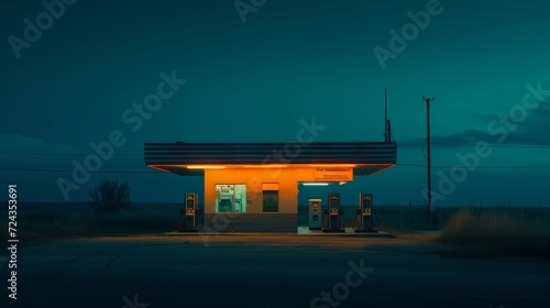 Exterior of a rural gas station, at night, teal and orange color palette