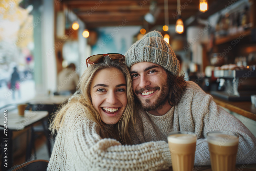 Happy couple laughing on a date outdoors on a snowy Valentine's Day. Happy couple laughing on a date outdoors on a snowy Valentine's Day.