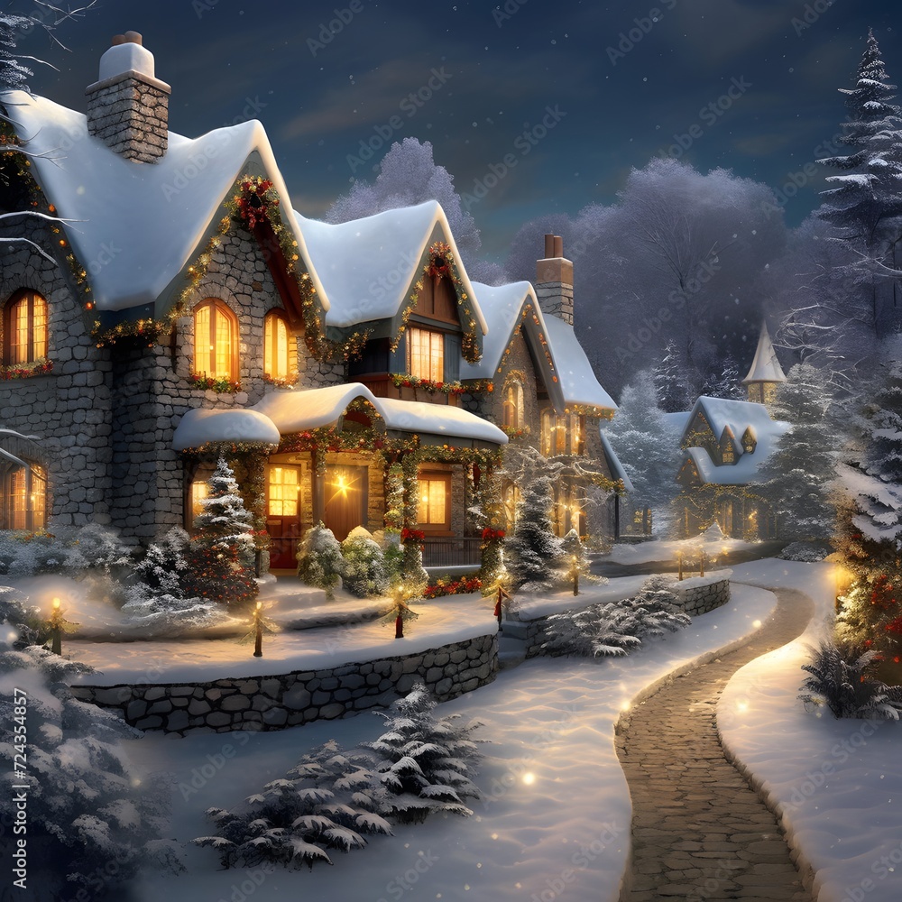 Digital painting of a small village in the snow at night. Christmas background