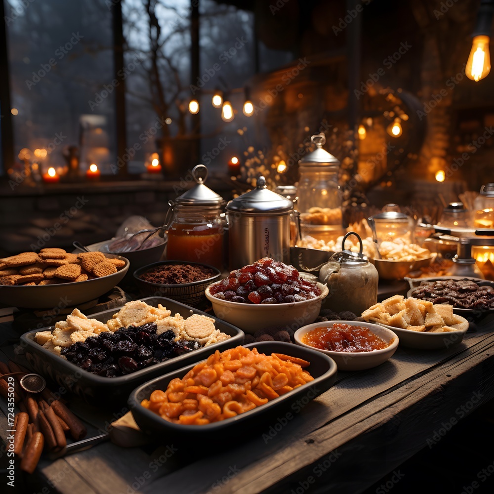 Dried fruits and nuts on a wooden table in the dark.