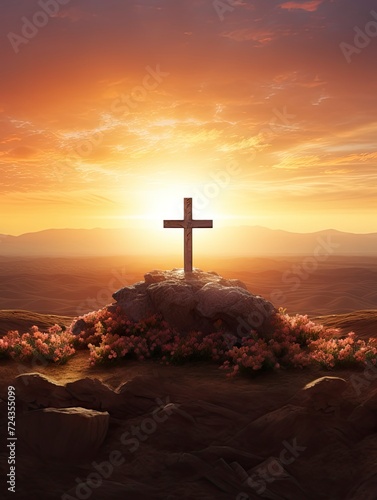 Easter Sunday concept: Tomb empty with cross on sunset background, copy space - generative ai