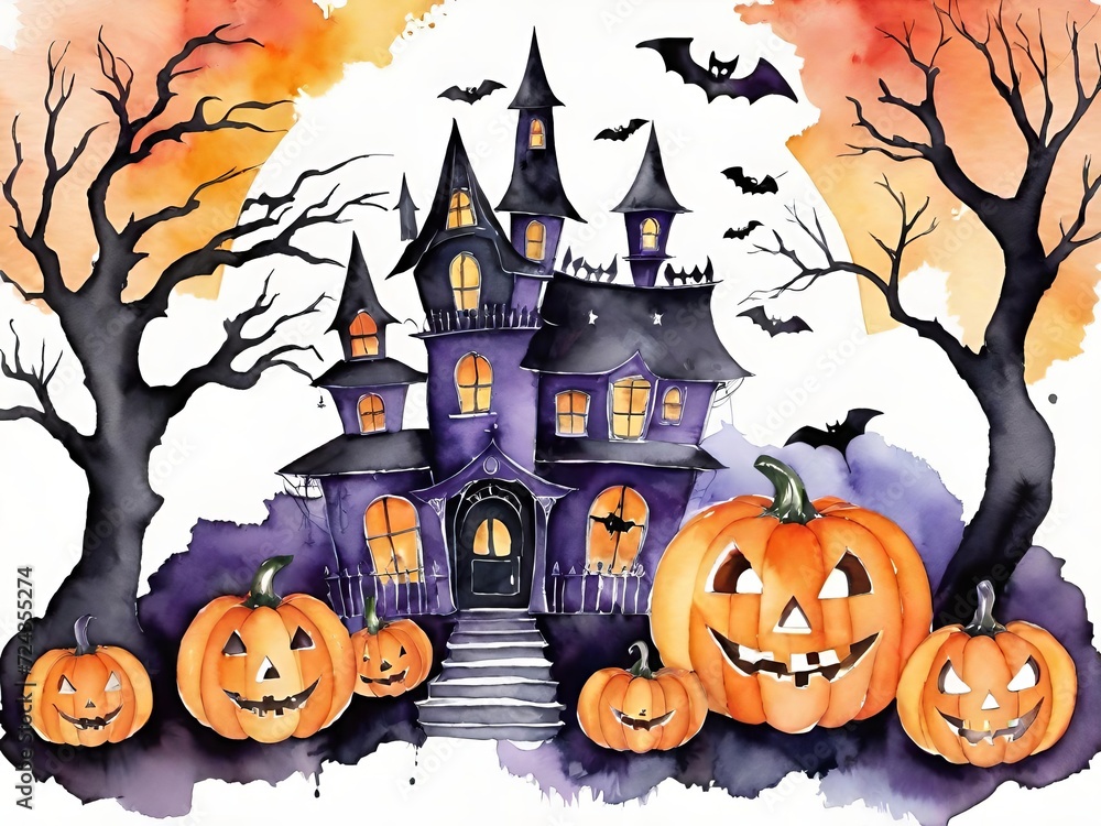 Halloween themed illustration featuring a spooky haunted house surrounded by grinning jack-o’-lanterns, bare trees, and flying bats against an eerie orange backdrop. Generative AI.