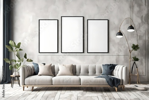 Mock up poster frame in modern interior background with sofa and accessories in the room.3d rendering