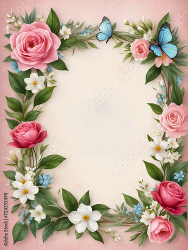Wallpaper Mural Vintage Floral Frame with Butterflies, Romantic Style, Nature Concept - Classic Design for Greeting Cards, Wedding Invitations with Copy Space Torontodigital.ca