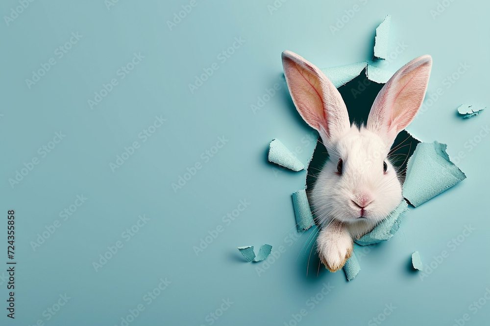Cute White Rabbit Popping Through Blue Paper Hole. Generative ai Stock ...