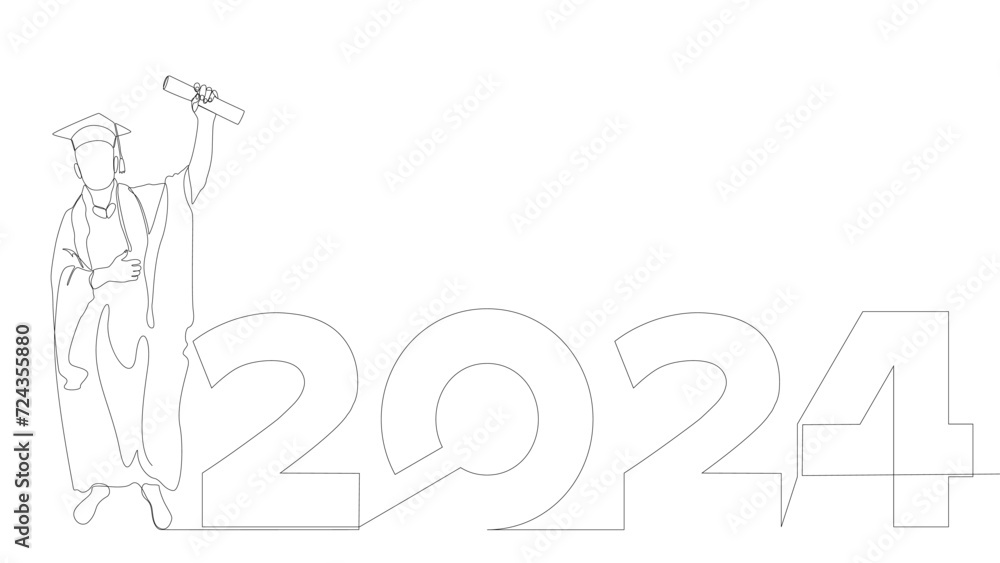 One continuous line of university student graduation with number 2024. Thin Line Illustration vector concept. Contour Drawing Creative ideas.