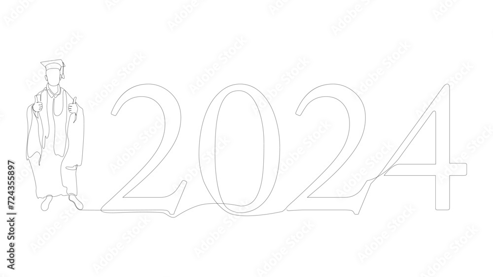 One continuous line of university student graduation with number 2024. Thin Line Illustration vector concept. Contour Drawing Creative ideas. One continuous line of university student graduation with number 2024. Thin Line Illustration vector concept. Contour Drawing Creative ideas.