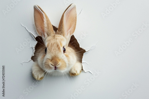 Adorable rabbit emerging from ripped white background. Generative ai