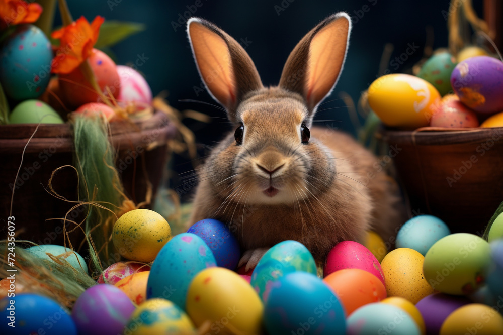 Cute Bunny with Colorful Easter Eggs in Basket. Generative AI.