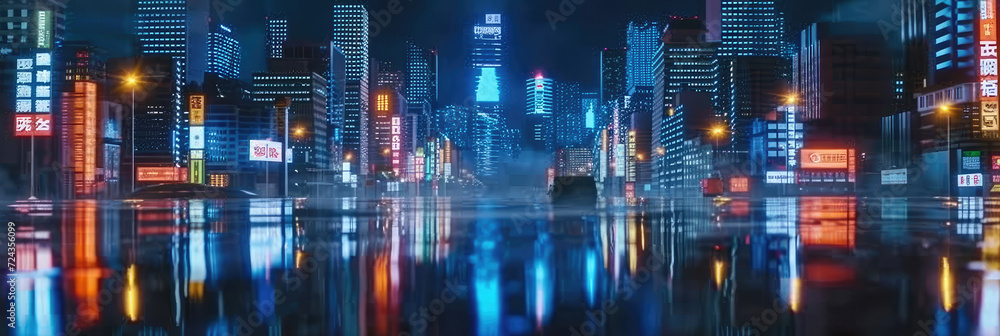 3d modern buildings in capital city with neon  light reflection from puddles on street. Concept for night life, never sleep business district center , night cyberpunk city