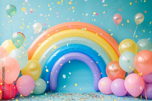 a cheerful birthday backdrop featuring a vibrant rainbow arching across a clear blue sky