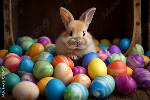 Adorable rabbit with Easter eggs in a whimsical setting. Generative AI. © RicardoLuiz