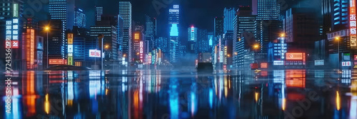 3d modern buildings in capital city with neon light reflection from puddles on street. Concept for night life, never sleep business district center , night cyberpunk city