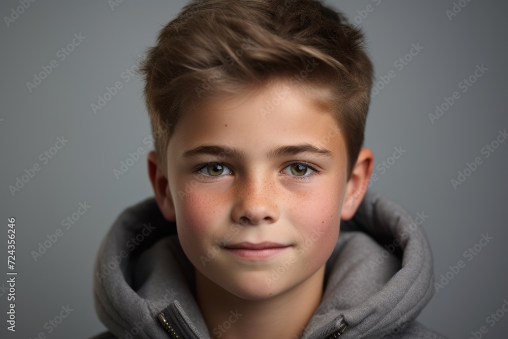 Portrait of a boy in a gray hoodie. Close-up. Portrait of a boy in a gray hoodie. Close-up.