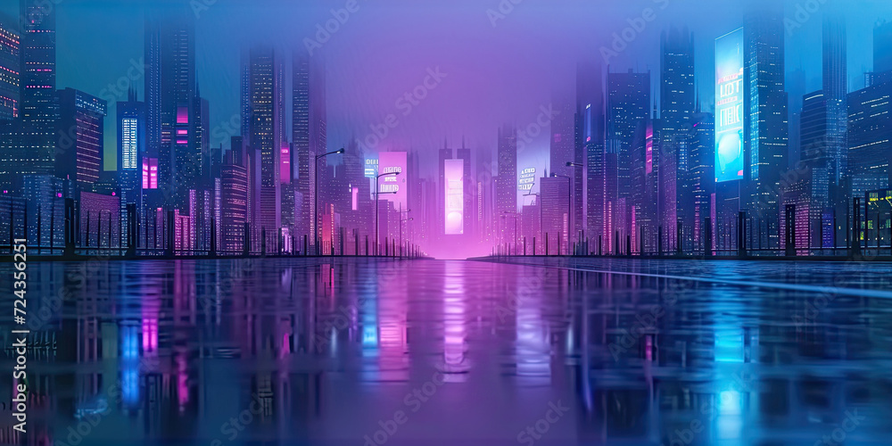 3d modern buildings in capital city with neon  light reflection from puddles on street. Concept for night life, never sleep business district center , night cyberpunk city